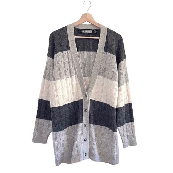 Vintage Sweaters - Vintage William Kasper Cashmere Oversized Cabled Cardigan Sweater Neutral Stripe